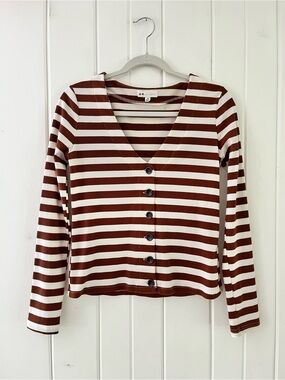 Art + Ephect Striped Ribbed Button-Down Top in Brown/White, Sz M (P2P 17”)